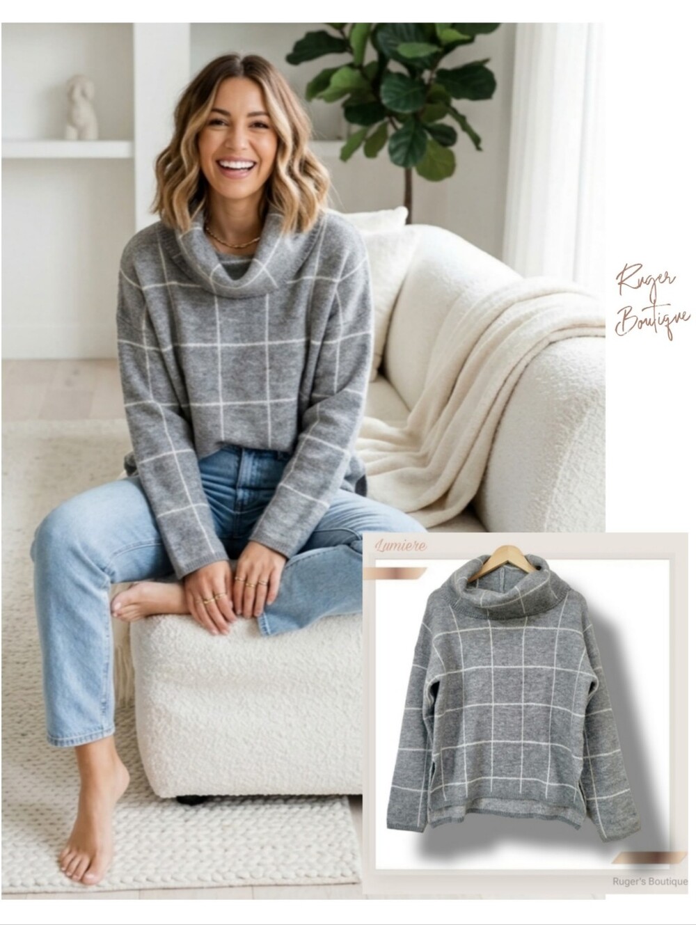 🌿Lumiere Gray Plaid Cowl Neck Sweater - Women's Small Boho Knit Pullover